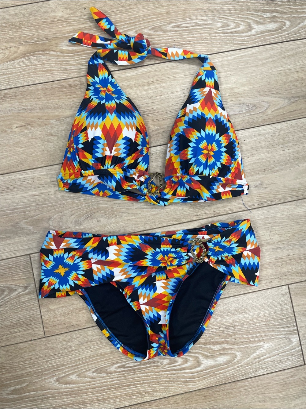 Vibrant Geometric Halter Bikini - Blue, Red, Yellow